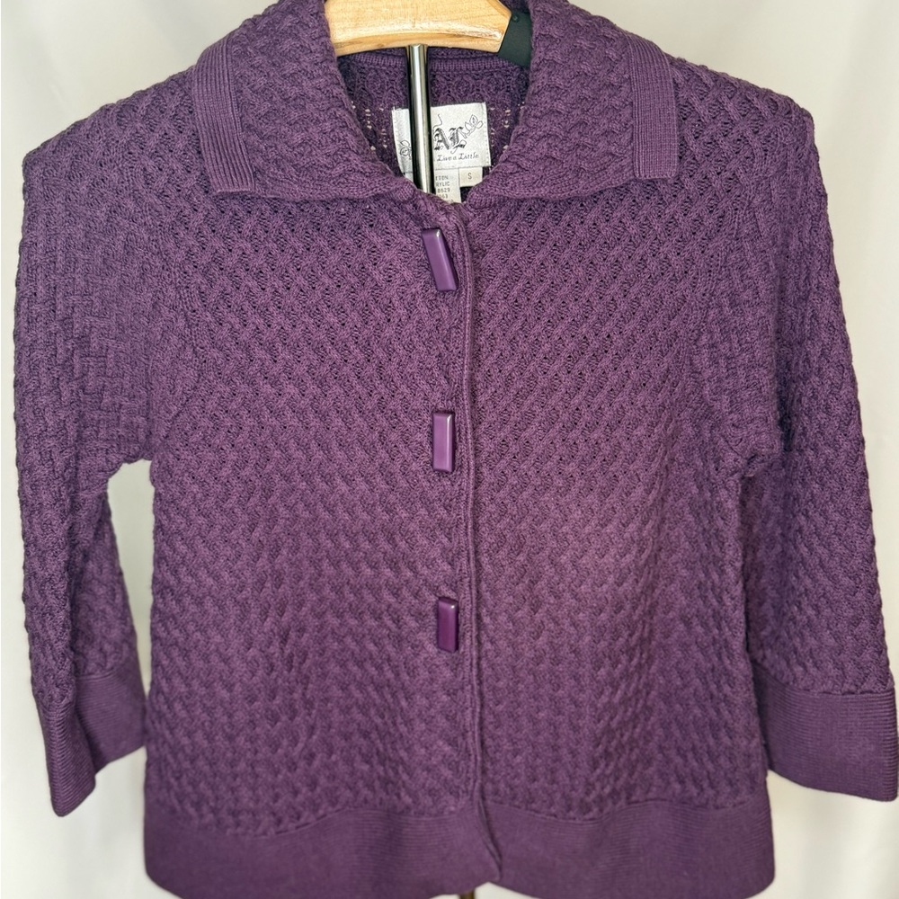Purple Textured Knit Button Front Cardigan Sweater Live a Little Size Small